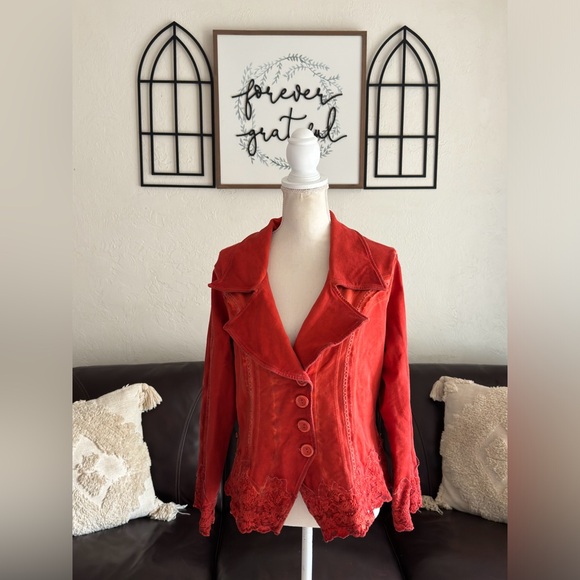 Gretty Zueger Jacket Cover Size Large Orange Button Front Embroidered Appliqué - Picture 9 of 11